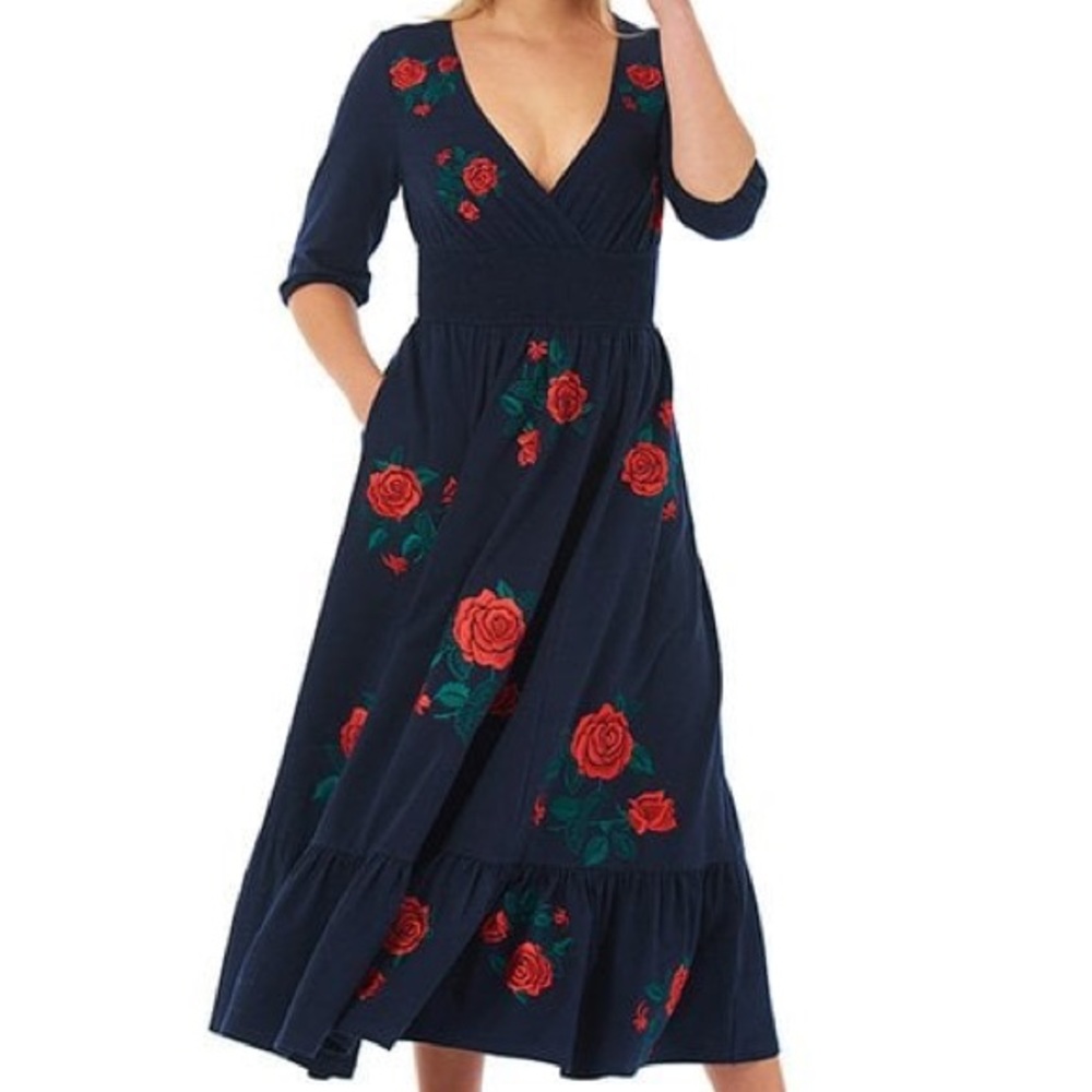 Rose Embellished Cotton Knit Midi Dress